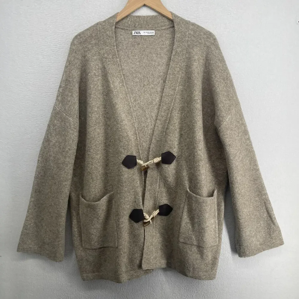 ZARA Sweater Womens XS S Wool Blend Oversized Cardigan Toggle Coatigan Beige